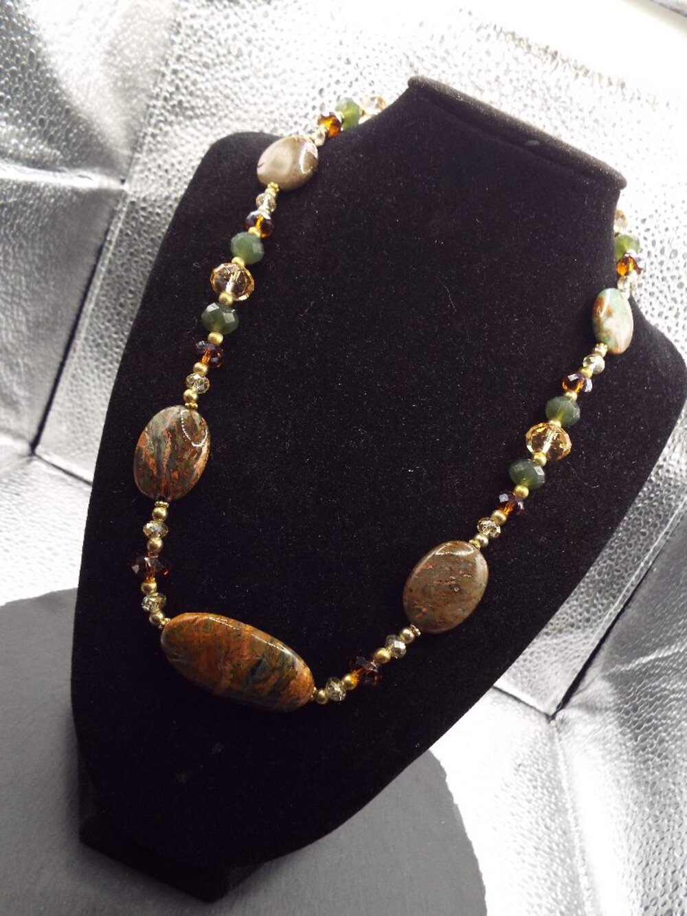 NATURAL JASPER OVOID BEAD NECKLACE -MULTICOLOR STONES & AB CRYSTALS NECKLACE M